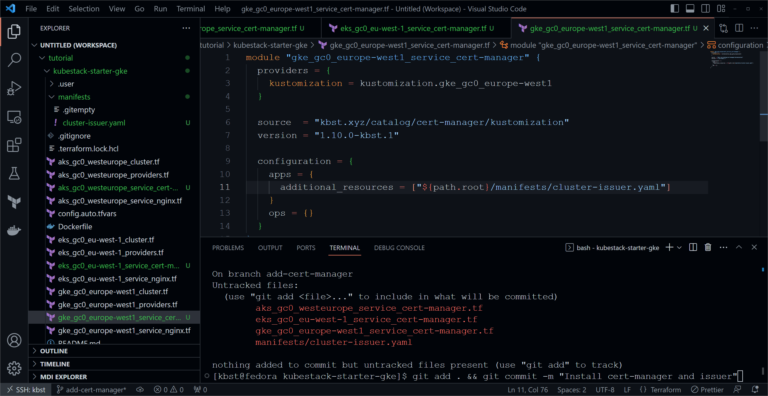 Screenshot of code editor showing the changes to install Cert-Manager and a Let's Encrypt cluster issuer.