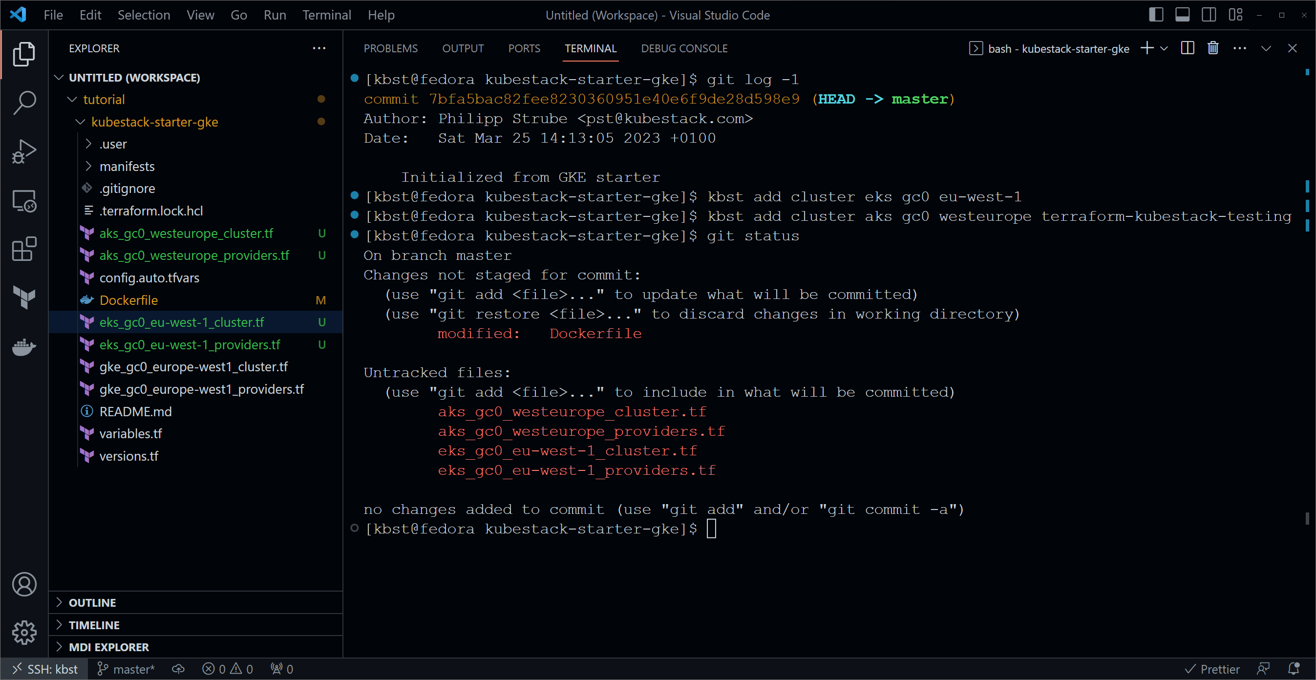 Screenshot of code editor showing the CLI command to scaffold a platform with one AKS, one EKS and one GKE cluster.